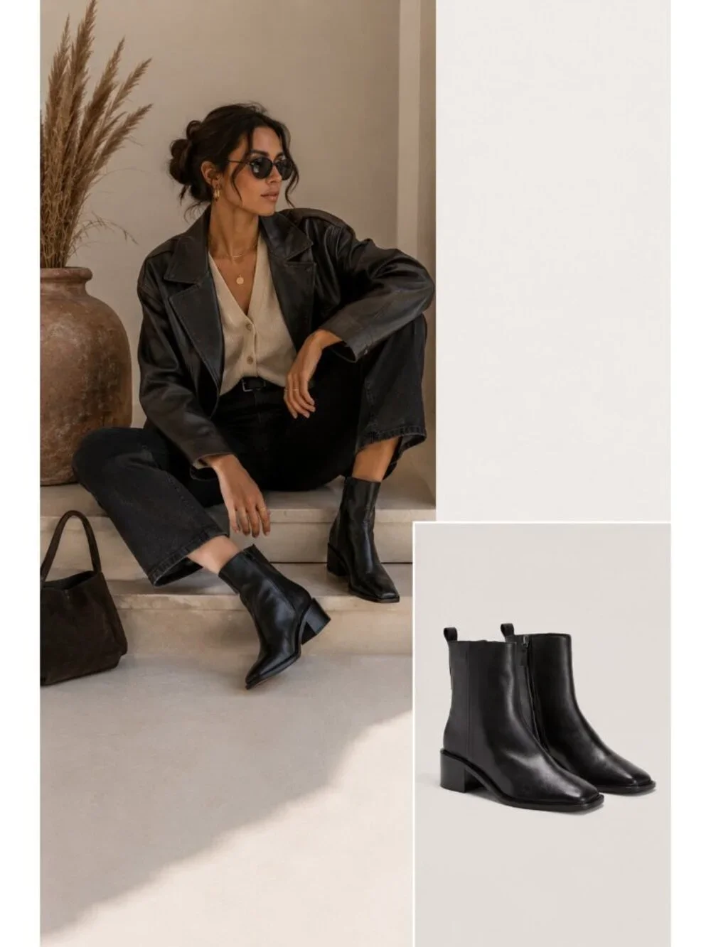 Everlane Day Heel Boot Womens Size 8 Black Leather Ankle Boots Square Toe Zip
